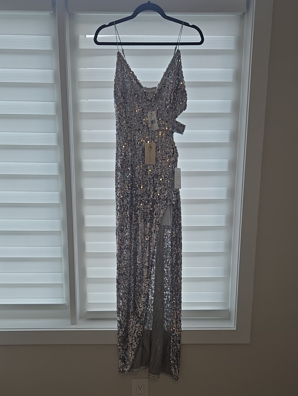 For Love And Lemons Silver Sequin V-Neck Slit Gown